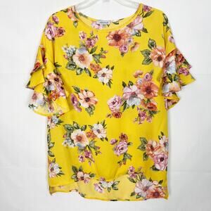 White Birch Flutter Sleeve Yellow Floral Top